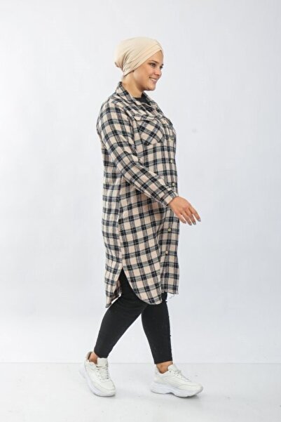 Modakenti Kadın Büyük Beden Kalın Uzun Oduncu Gömlek  Bej  Kare