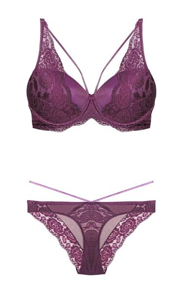 Bestin Ženski ljubičasti crni podstavljeni push-up set grudnjaka i gaćica