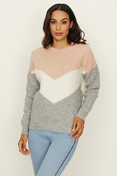 Select Moda Kadın Pembe Renk Bloklu Triko Kazak
