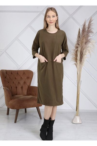 ESCBUTİK Women's Large Size Khaki Pocket Detail Dress