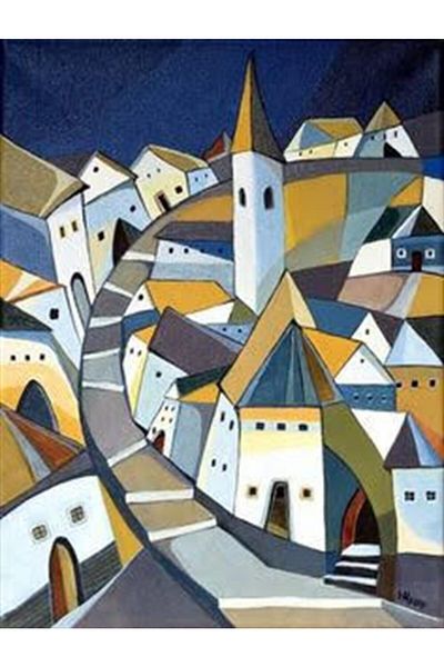 Marcel Kristal Tablo Blue Houses Marcel Art Diamond Mosaic Painting 38x50 cm