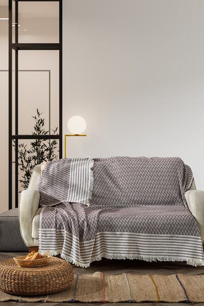 Vagonik Zigzag Natural Linen Sofa Cover| Sofa Shawl Sofa Bed Cover-burgundy