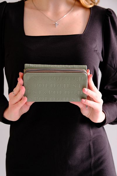 Just Polo Khaki Green Women's Vegan Wallet - 8 Cards + 1 ID Compartment, Snap and Zipper Closure