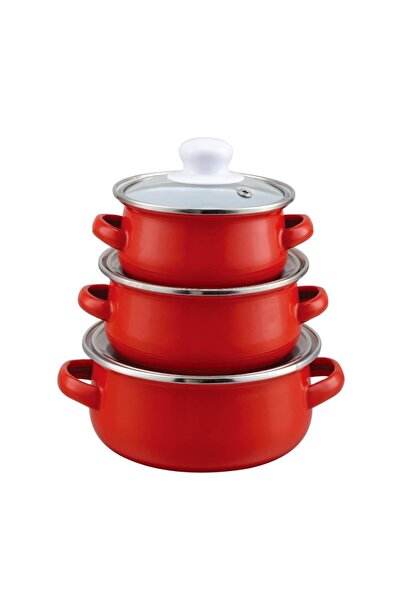 Ebru Metal طقم أواني طهي صغيرة مكونة من 3 قطع (12-14-16 سم) - لون أحمر------------------