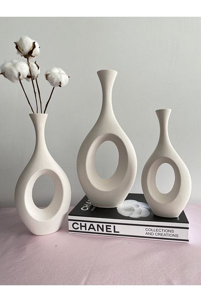 stilinbu Ceramic Bohemian Hittite Vase - 3 Pieces H 253035   (Off-White)
