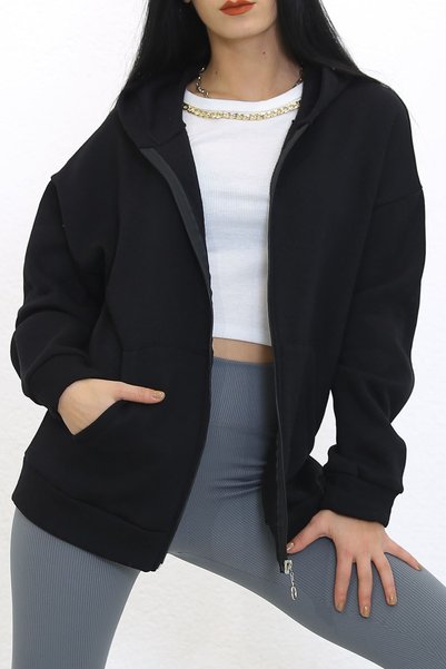 BES COLLECTİONS Hanorac cu glugă și fermoar cu 3 fire, negru - 7980.1254.