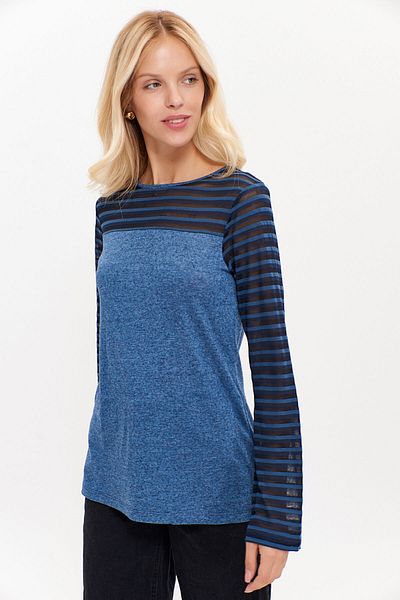 Hanna's by Hanna Darsa Women's Blue Navy Black Patterned Knitted Blouse with Mesh Detail on the Back