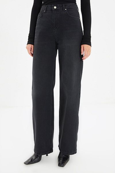 Trn JNS Pantaloni largi, în lycra negru, cu talie super înaltă, Palazzo Palazzo. (SUPER ÎNALT.) Picior lat.