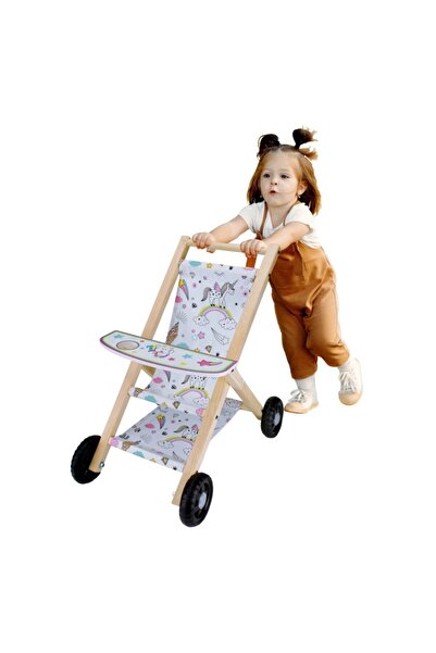ilkevimshop Uv Baskılı Doğal Ağaç Oyuncak Bebek Arabası - Yürüteç - Yürüme Denge Arabası