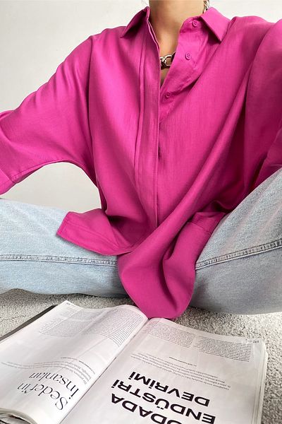 FEMELLE Cămașă supradimensionată pentru femei, fucsia, cu nasturi ascunși, cu mânecă liliac lată 50% viscoză 50% bumbac
