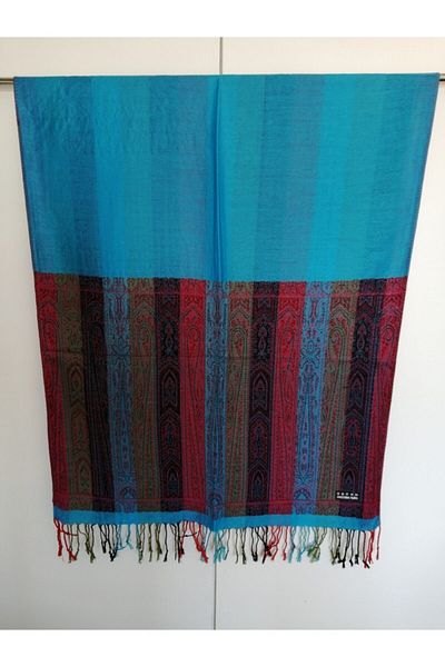 Butik Tülin Unisex Authentic Viscous Turquoise Multicolor Striped Tassel Shawl