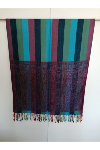 Butik Tülin Unisex Authentic Viscous Turquoise Multicolor Striped Tassel Shawl