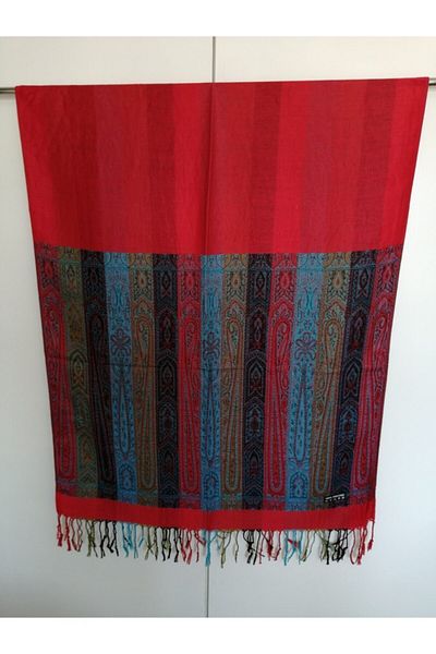 Butik Tülin Unisex Authentic Viscous Red Multicolor Striped Tassel Shawl