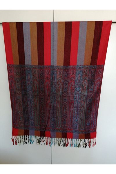 Butik Tülin Unisex Authentic Viscous Red Multicolor Striped Tassel Shawl