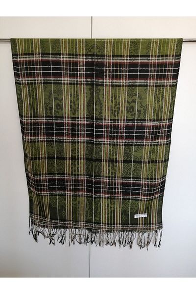 Butik Tülin Unisex Authentic Acrylic Green Multicolor Striped Tassel Shawl