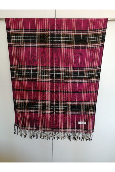 Butik Tülin Unisex Authentic Acrylic Fuchsia Multicolor Striped Tassel Shawl