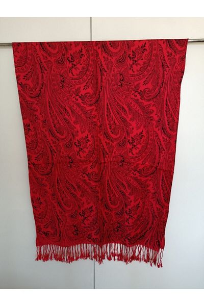 Butik Tülin Unisex Authentic Acrylic Red Black Floral Pattern Tasseled Soft Shawl