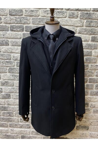 BYBEYEMS GİYİM Erkek Siyah Kaşmir Kapüşonlu Fermuarlı Kaban