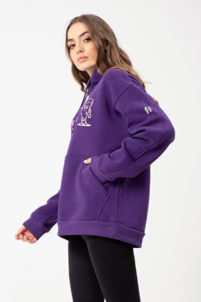 Eazy Co Eazy Drunk Pizza Oversize Unisex Mor Kapüşonlu Yaka Світшот