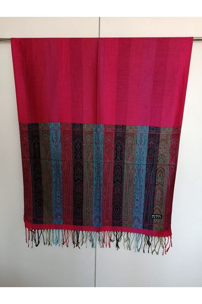 Butik Tülin Unisex Authentic Viscous Pink Multicolor Striped Tassel Shawl