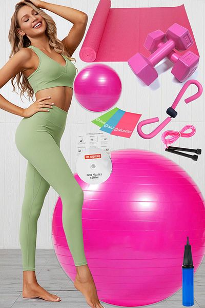 Jet Set Pilates 12 bucăți Minge 3 bucăți Pilates Bandă Cauciuc Gantere Saltele Coarda de sărituri Curea de slăbit Roz