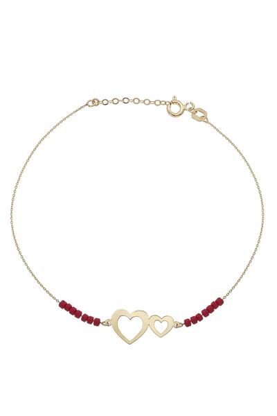 GençTaş Kuyumculuk 1 4 Ayar Altın Doğal Kırmızı Taşlı Kalplerin Birleşmesi Bileklik