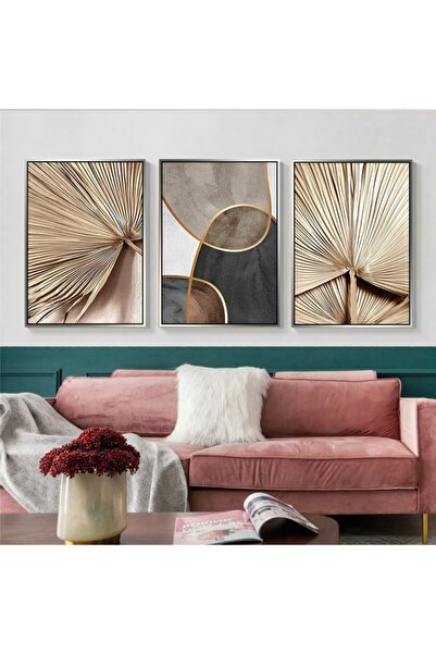Markazip Gümüş Metal Çerçeveli 50x70cm Üçlü Altın Palmiye Soyut Kanvas Tablo Kod: Y876-k-g