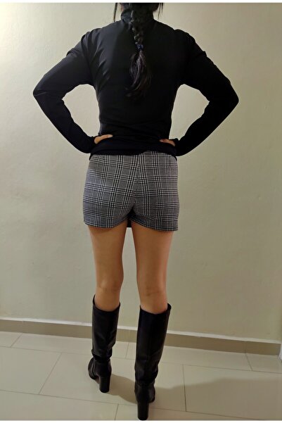 MaSoMi Siyah Beyaz Önden Iki Yıtmaçlı Ekose Şort Etek