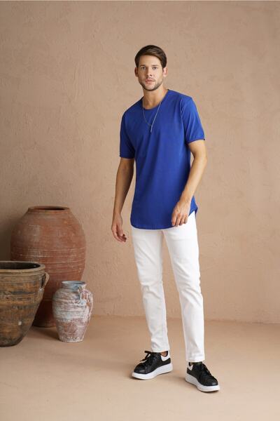 COOL TARZ Mavi Erkek Oval Kesim Slim Fit Pis Yaka Salaş T-shirt