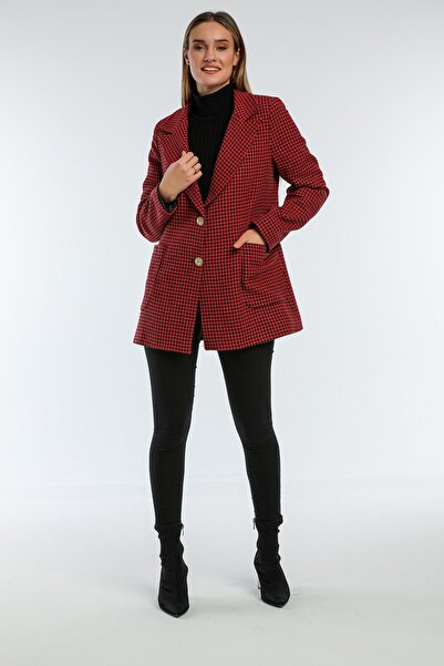 Pitti Kadın Siyah Kırmızı Kazayağı Ceket