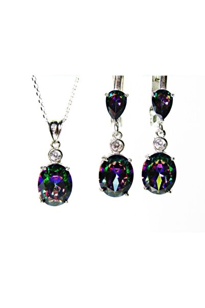 lilahgümüştr Gümüş Oval Mistik Topaz Kadın Kolye Küpe Set