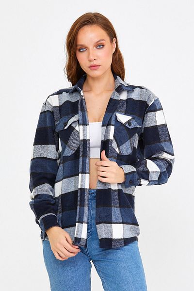 COOL TARZ Cămașă în carouri lumberjack cu buzunar dublu pentru femei, albastru, cu guler cu nasturi