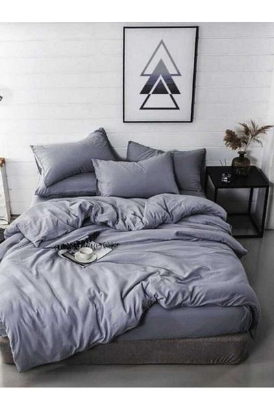 üntaş Life Dark Gray Solid Color Single Duvet Cover Set with Yarn Paint and Elastic Sheets Eckoyugrinvrsm