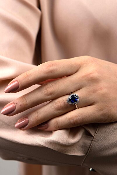 Mode Silver Lacivert Damla Taşlı Gümüş Yüzük