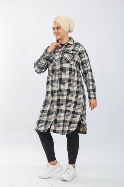 Modakenti Cămașă lungă și groasă pentru femei de mărime mare - bej cu patru linii