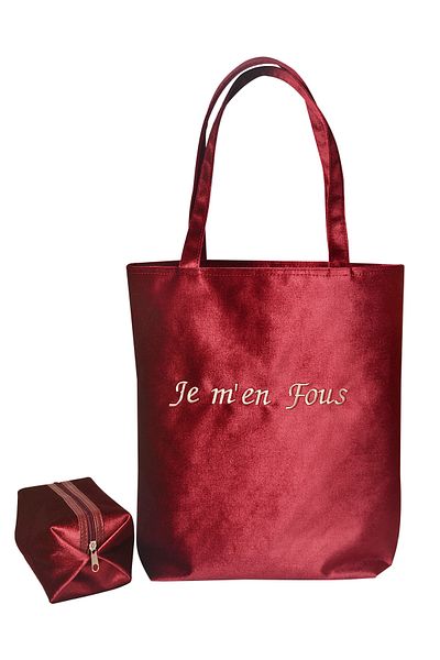 Bakras Claret Red Embroidery Detailed Plush Velvet Tote Bag - Set of Two