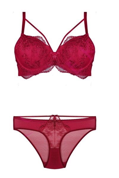 Bestin Жіночий комплект бюстгальтера та трусиків з мереживом та бордовою підк...
