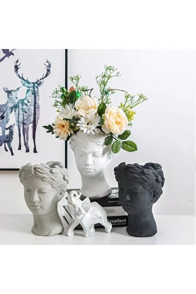 FLORADA Antik Helen Kafası 3 Adet Beton El Yapımı Büst Saksı Siyah Gri Beyaz
