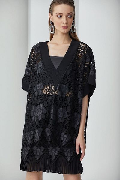 By Mare Style Faux Leather Guipure Detailed Oversize Black Embroidery Blouse - Nice Top