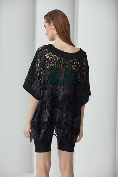 By Mare Style Faux Leather Guipure Detailed Oversize Black Embroidery Blouse - Nice Top
