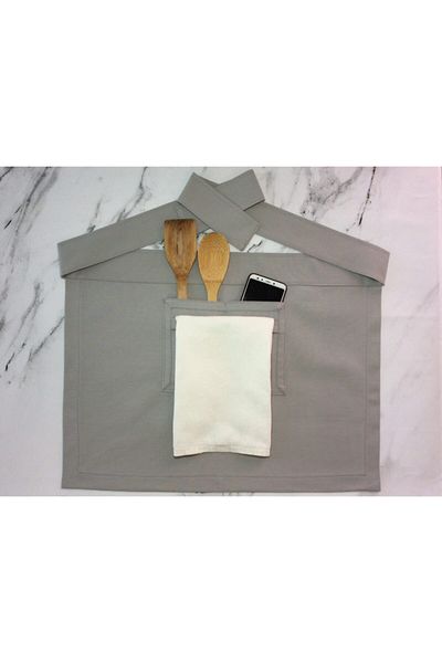 Fancyagnes Handmade Gray Double Pocket Kitchen Apron with Towel Hanging Detail