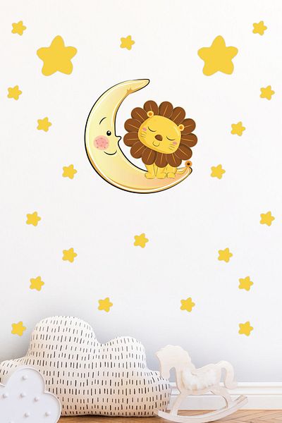 Tilki Dünyası Cute Lion Sleeping on the Moon and Yellow Stars Kids Room Wall Sticker