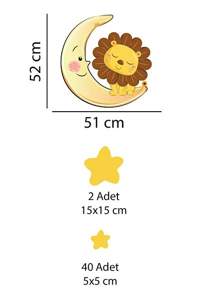 Tilki Dünyası Cute Lion Sleeping on the Moon and Yellow Stars Kids Room Wall Sticker