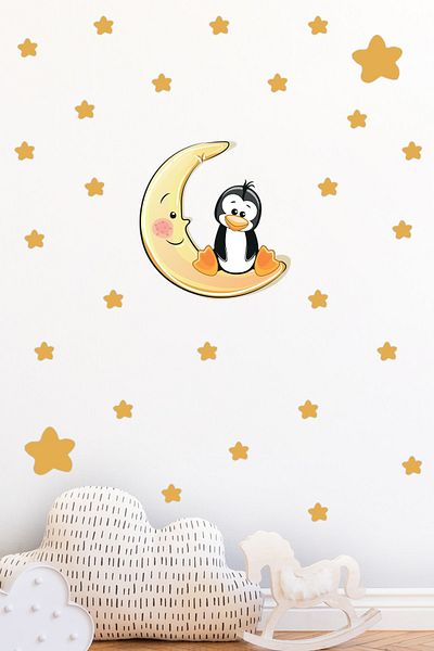 Tilki Dünyası Cute Penguin on the Moon Kids Room Wall Sticker