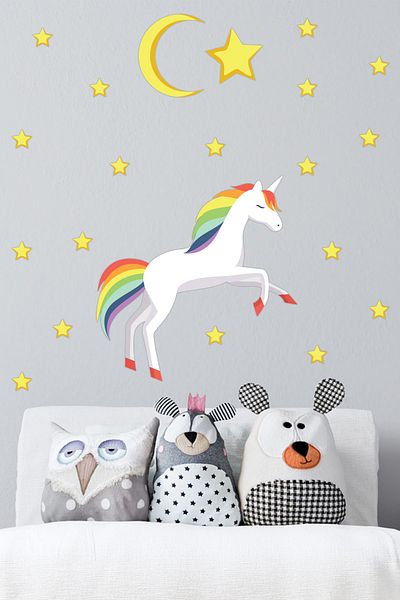 Tilki Dünyası Cute Unicorn Moon and Stars Kids Room Wall Sticker