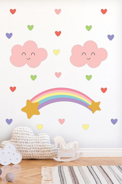 Tilki Dünyası Cute Clouds Rainbow and Hearts Kids Room Wall Sticker