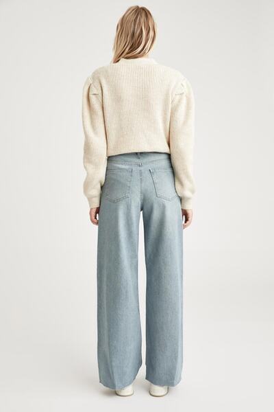 Trn JNS Light Blue Lycra Super High Waist Loose Jeans Palazzo Trousers