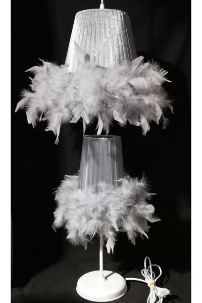 TEKAY AYDINLATMA Çocuk Odası Yatak Odası Gri Tüylü Avize Abajur Seti Beyaz Metal Ayaklı