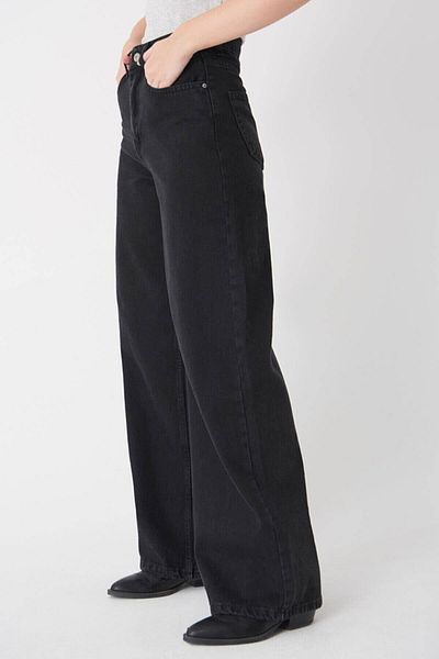 Trn JNS Pantaloni largi, în lycra negru, cu talie super înaltă, Palazzo Palazzo. (SUPER ÎNALT.) Picior lat.