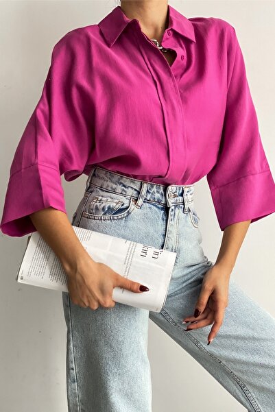 FEMELLE Női fukszia rejtett gombos, széles denevér ujjú, bő szabású túlméretes ing 50% viszkóz 50% pamut